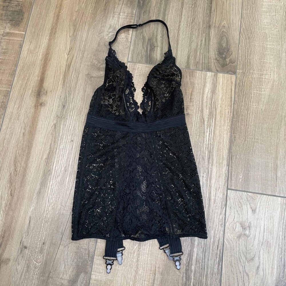 Victoria's Secret Very Sexy Teddy Garter Black Lace Lingere Corset Girdle Slip